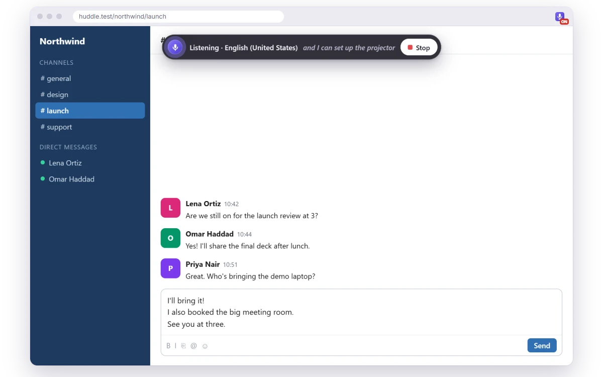 A fictional chat page with a message on several lines, written by saying “new line” between the lines. The message is still in the box and has not been sent.