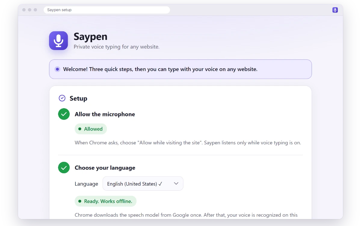 Saypen’s setup page with three steps: the microphone is allowed, English (United States) is ready, and the shortcut Alt+Shift+D is shown, followed by the “Try it here” box.