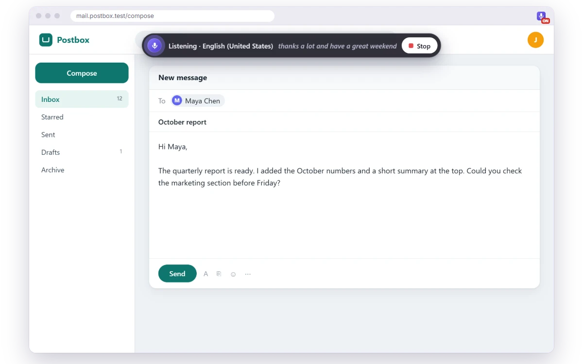 A fictional email being written with Saypen: the listening bar at the top of the page shows the words being recognized, and the finished sentences appear in the message.